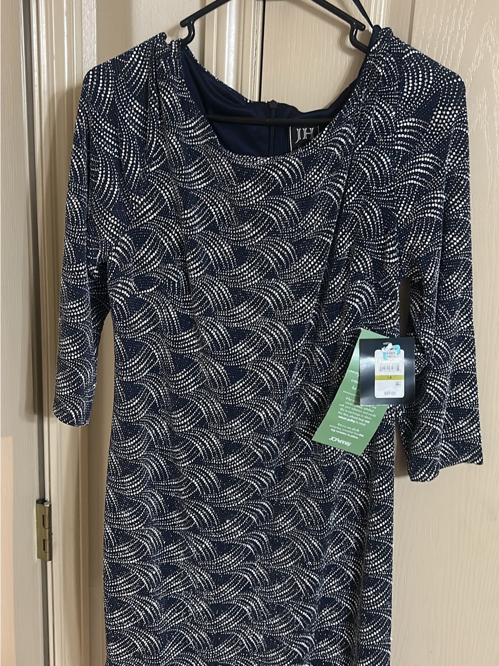 Elegant Navy and White Patterned Sheath Dress by